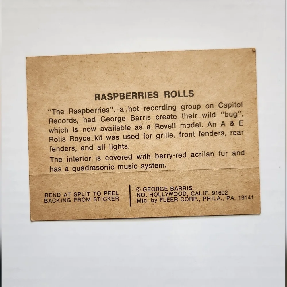🍓 Vintage 1970 Fleer GEORGE BARRIS Kustom City Sticker - RASPBERRIES ROLLS 🏎️